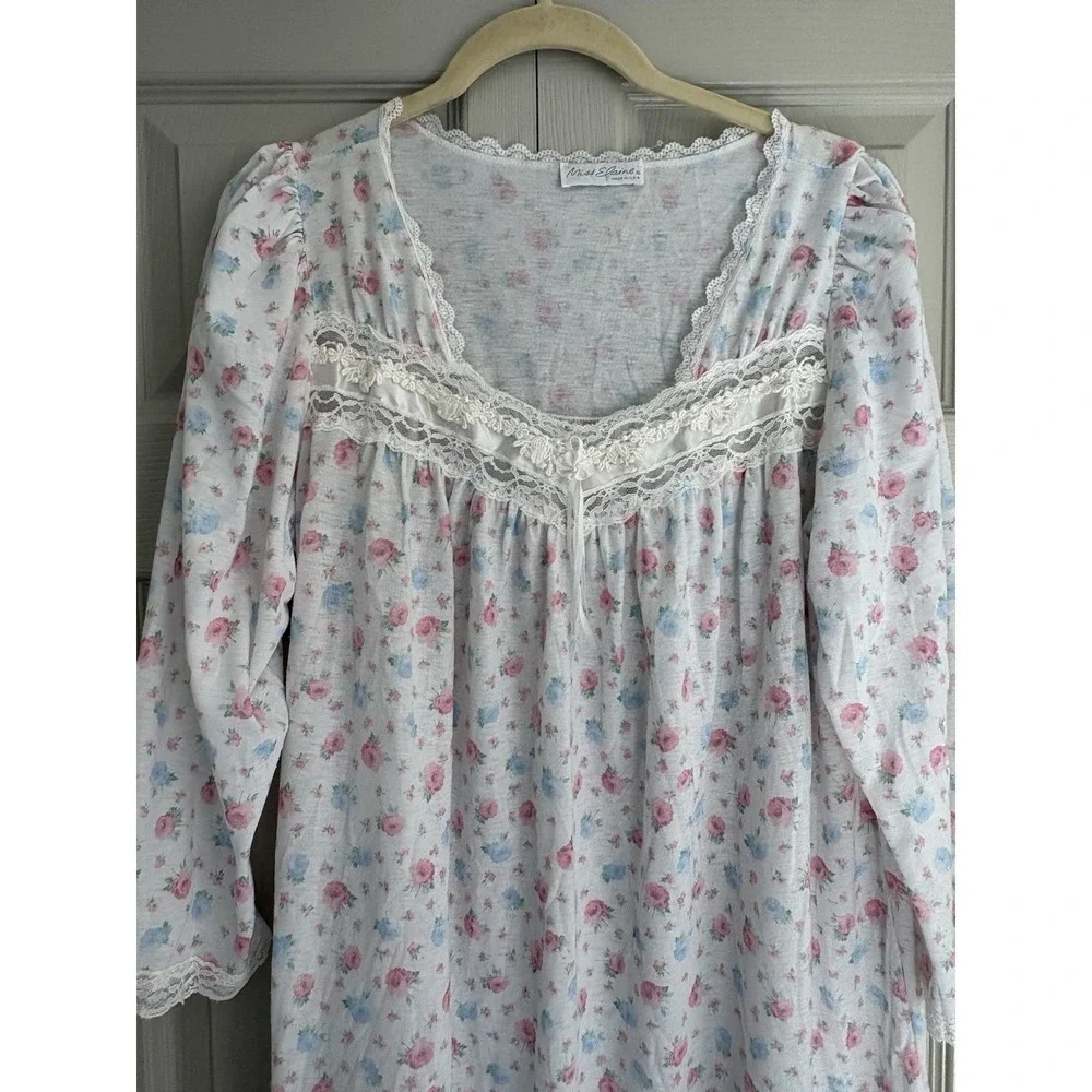 Vintage Miss‎ Elaine Nightgown Floral Lace Cotton Balloon Sleeve Large Flawed